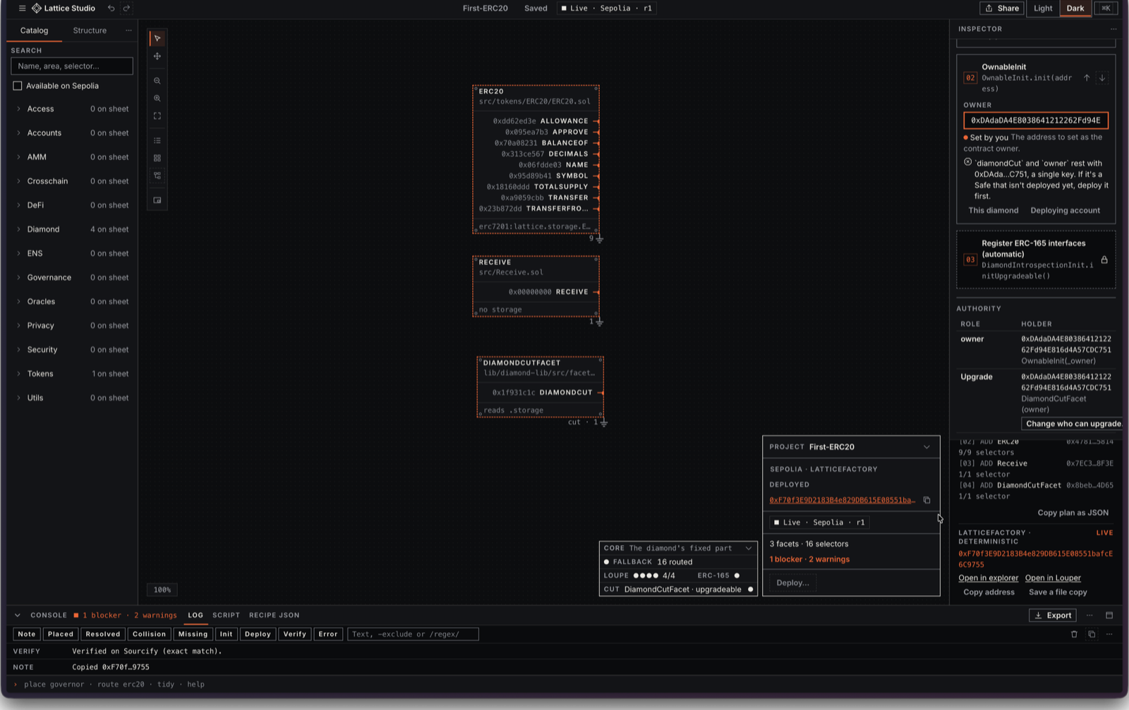 Studio showing the ERC20 project live on Sepolia, with the console line Verified on Sourcify (exact match).