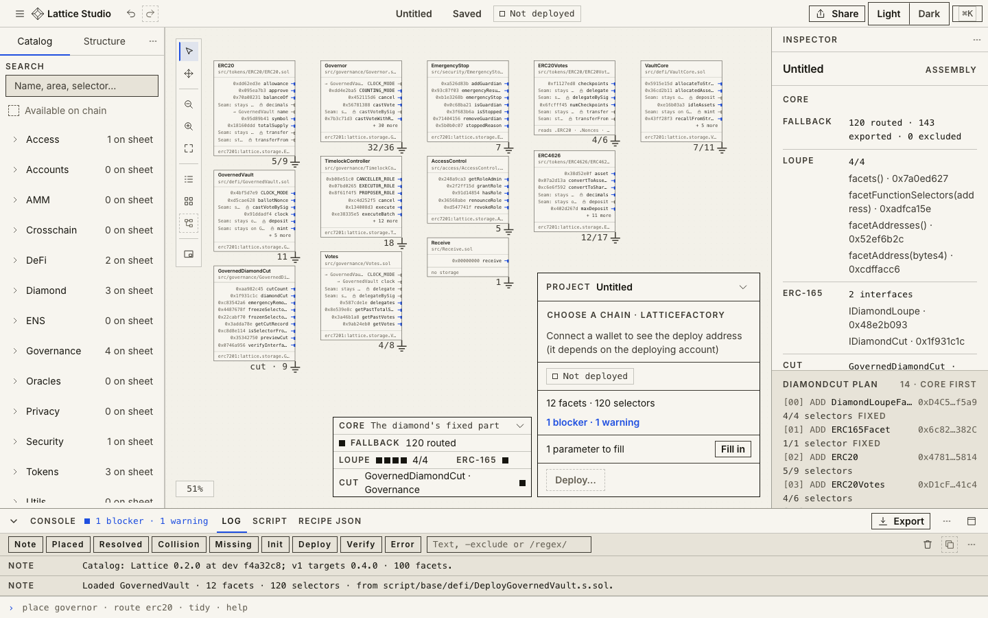 The Studio sheet with a twelve-facet GovernedVault recipe, the catalog on the left and the inspector on the right.